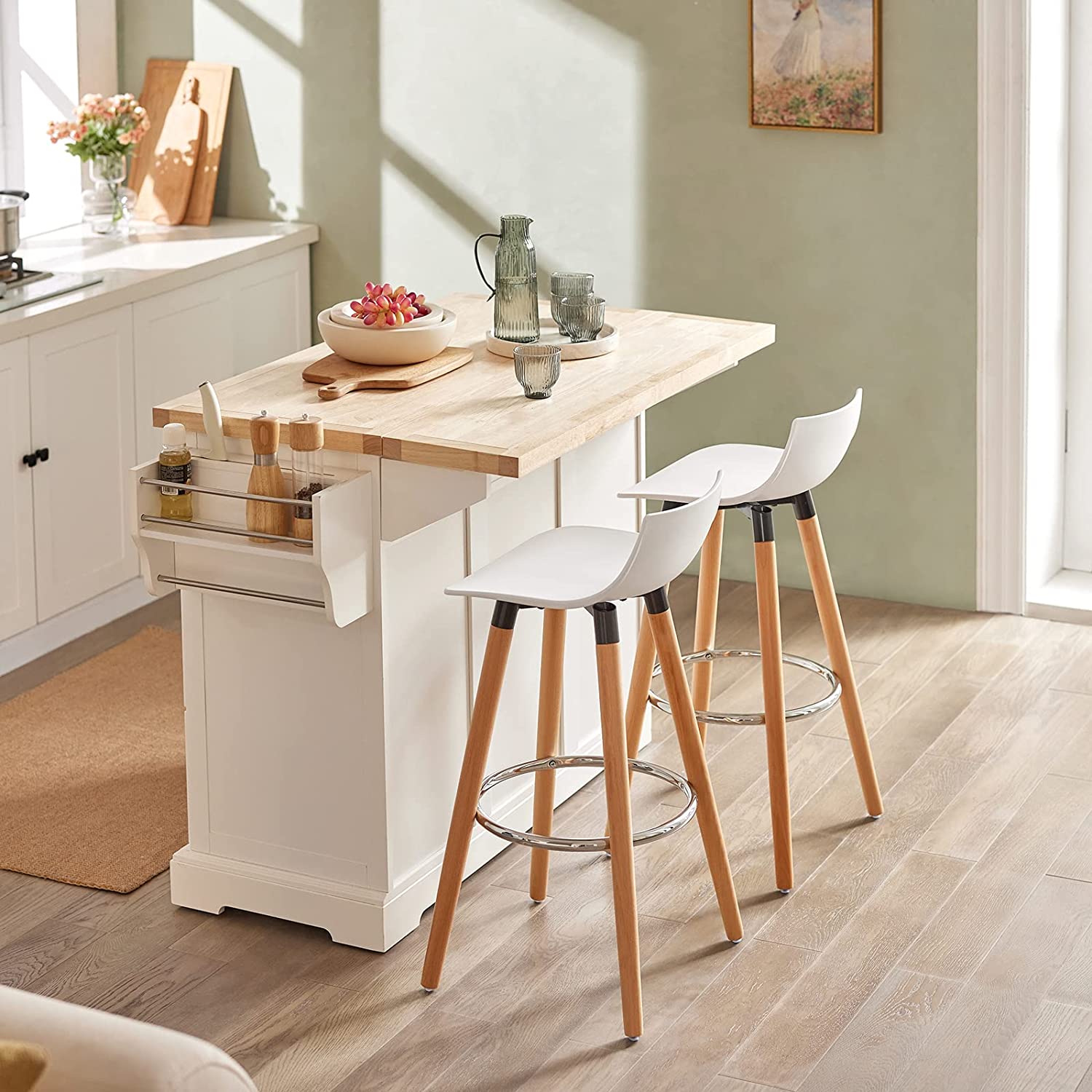 Uitschuifbare keukeneilandkeuken - Kast Sideboard Kitchen - Opbergwagen met werkblad van rubberhout