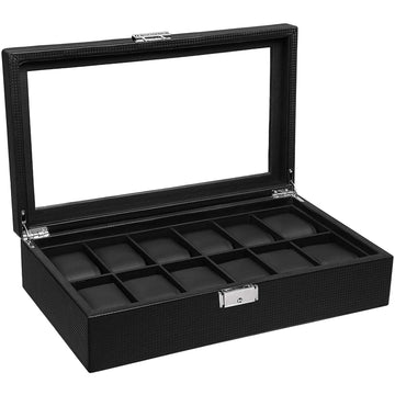 Horlogebox, 12 vakken, fluweel, PU, zwart, 36,2 x 9 x 21,3 cm