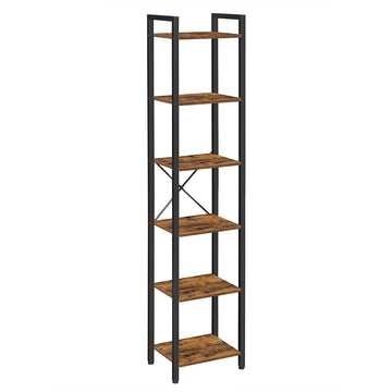 Opbergrek, open boekenkast 6 niveaus, vintage, bruin/zwart, hout/metaal, 40 x 30 x 178,6 cm