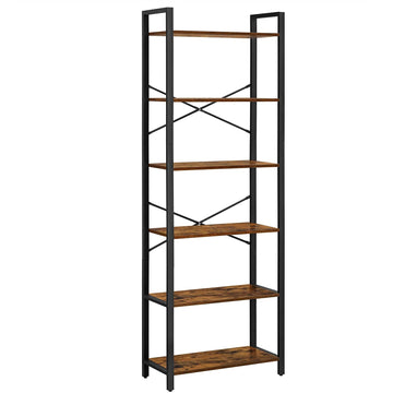 Boekenkast met 6 niveaus - 186 cm - bruin-zwart - hout en staal