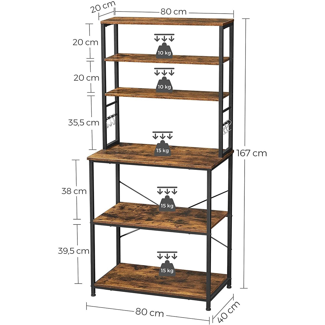 Keukenrek met 6 haken - industrieel metaal - bruin zwart - 80 x 40 x 167 cm
