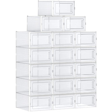 Schoenenboxen 18 stuks, stapelbaar en inklapbaar, maat 44, transparant/wit, 31 x 24,5 x 17,5 cm