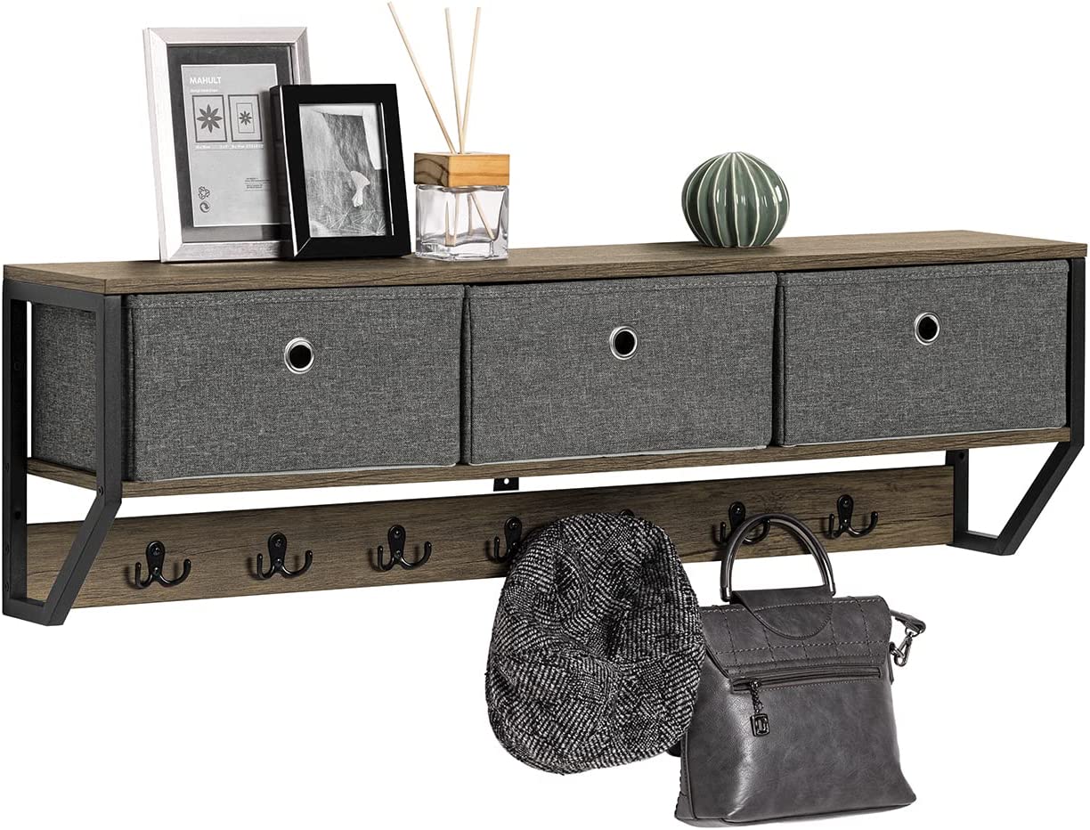 Wandkapstok Wand - Hal Wandplank - Opbergkast met 3 Manden 7 Haken - B100 x D20 x H30cm