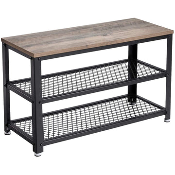 Schoenenbank - schoenenrek - schoenenkast - industrieel - houtlook, grijs-zwart - 73 x 30 x 45