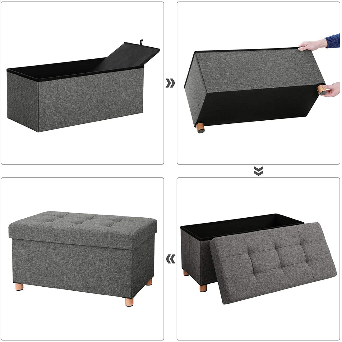 Hocker - Poef met opbergruimte - Donkergrijs - 76 x 38 x 40 cm