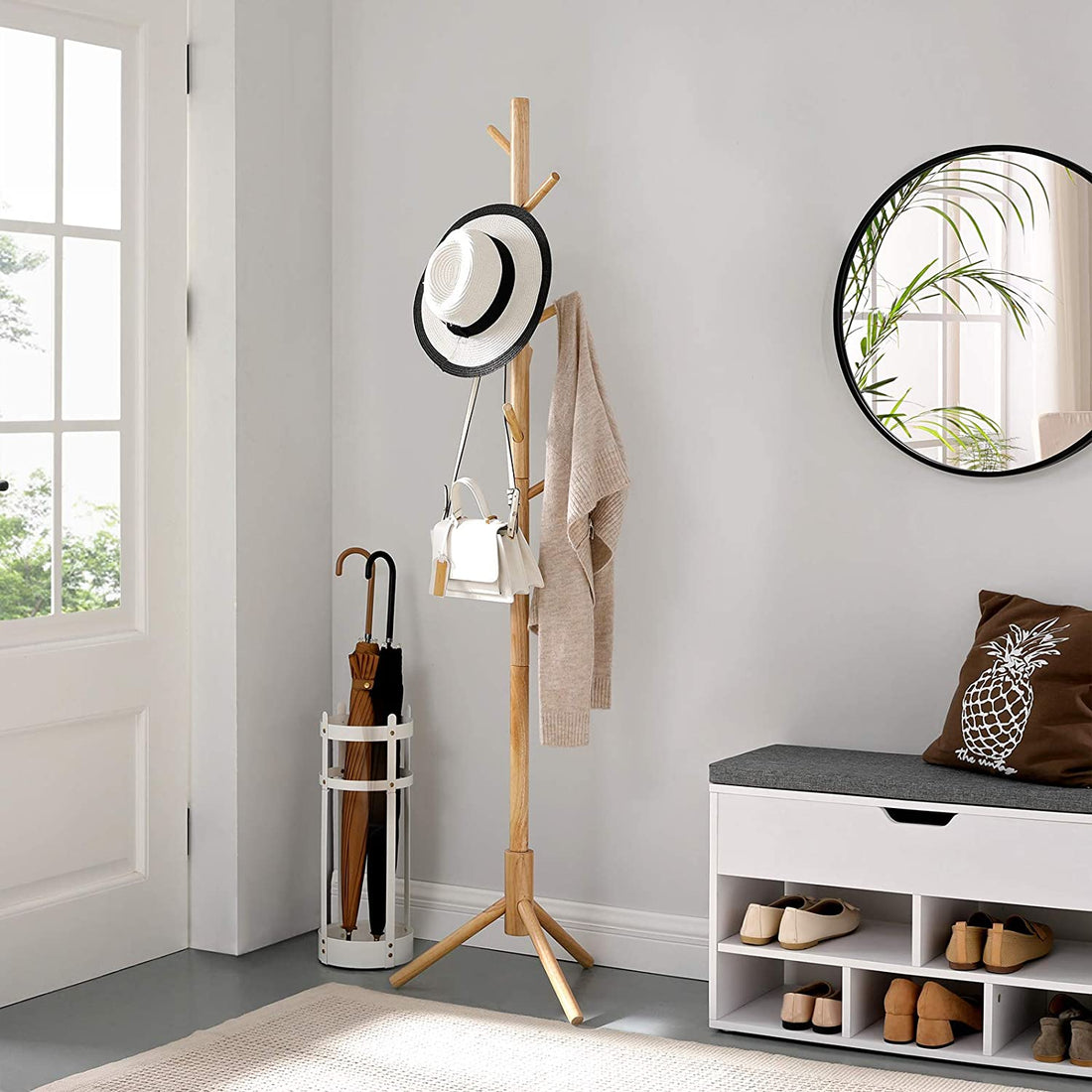 Garderobe - freistehend - Massivholz - Baumform - 8 Haken - natur - 47 x 47 x 175 cm