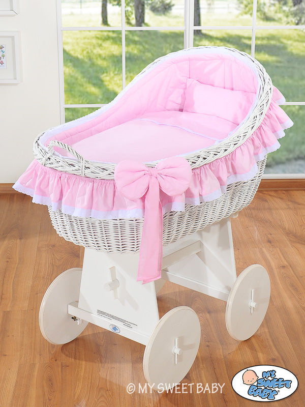 Wicker wieg, handgevlochten rieten bedje, extra comfortabel en mobiel met houten basis en remmen