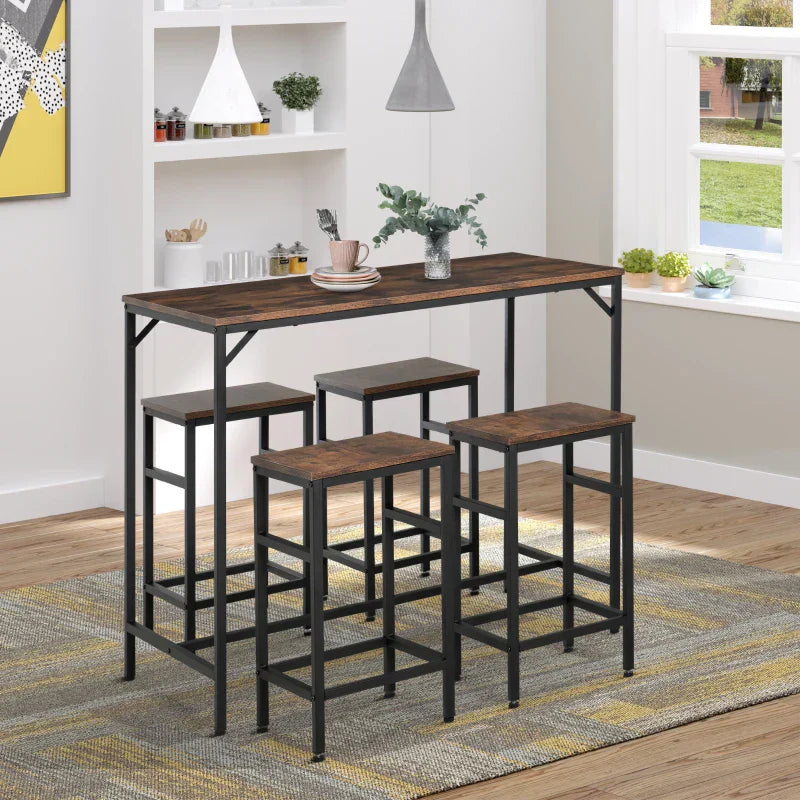 Barhocker-Set mit Tisch - 5-teilig | Farbe: Schwarz + Rustikales Braun | Maße: 100x60x88 cm