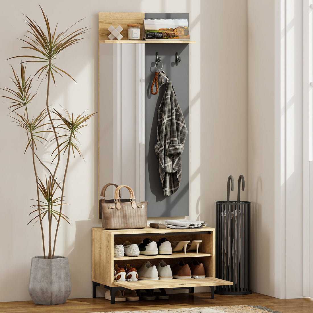 Kapstokset met schoenenbank en spiegel | Kleur: Bruin + grijs | Afmetingen: 68x35x43 cm