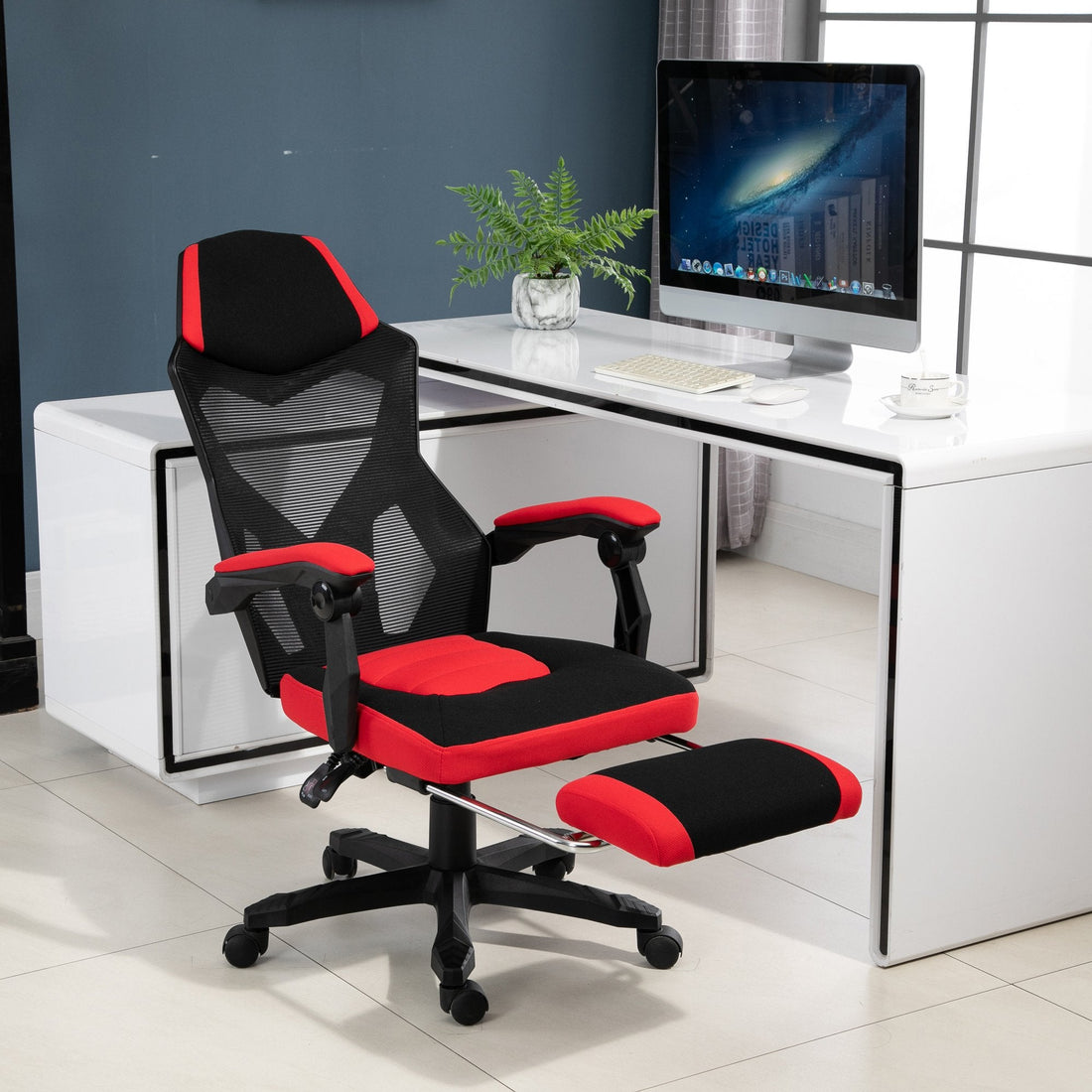 Gamingstoel met voetsteun | Kleur: Zwart + rood | Afmetingen: 58x72x108-118 cm