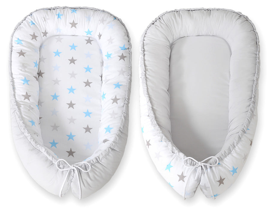 Baby nest - babynestje - dubbelzijdig comfort, veilig en ademend katoen, BOBONO ster blauw-grijs