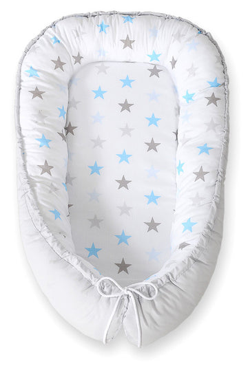 Baby nest - babynestje - dubbelzijdig comfort, veilig en ademend katoen, BOBONO ster blauw-grijs