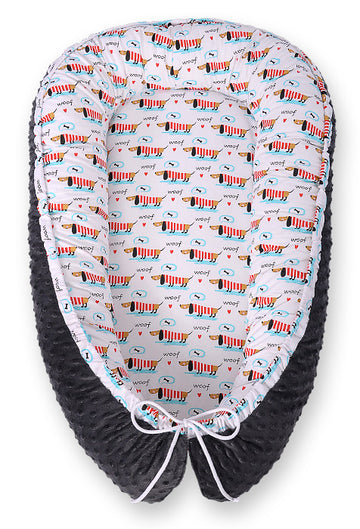 Dubbelsidigt babynest - kokong - Oeko-Tex bomull och Minky, justerbart, säkert och mysigt