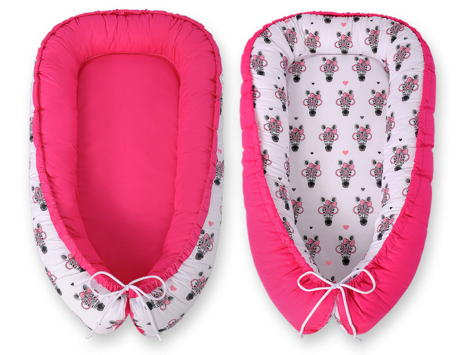 Baby nestje, cocoon, veilig en comfortabel slapen – Premium BOBONO, dubbelzijdig, roze zebra's
