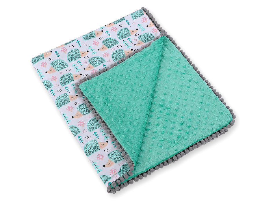 Dubbelzijdige babydeken - minky plaid - extra zacht en warm, met pompons, egeltjes mint