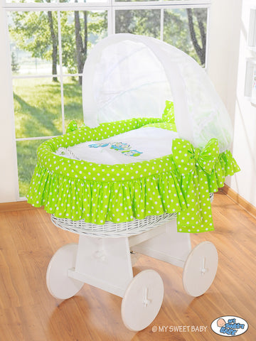 Wicker wiegje – rieten babybed – groot formaat en anti-allergisch matras – uilen groen