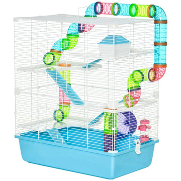 Knaagdierenkooi - 5 niveaus met looprad | Kleur: Lichtblauw+Wit | Afmetingen: 36x59x69 cm