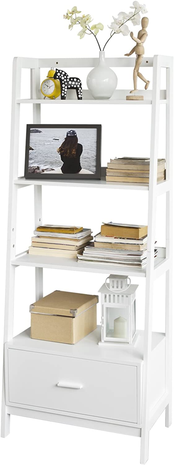 Witte opbergrek, ladderplank, boekenkast met lade en 4 planken