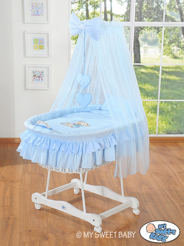 Spjälsängskorg med rosett - rottingbabysäng - handgjord, inklusive antiallergisk madrass