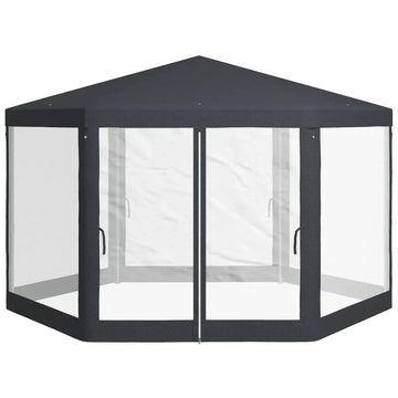 Hexagonale partytent met netgordijnen | Kleur: Donkergrijs | Afmetingen: 341,2x394x250 cm