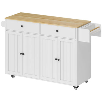 Keukeneiland op wielen met lades en kasten | Kleur: Wit, bruin | Afmetingen: 43x147x89 cm
