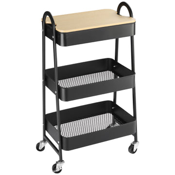 Keukentrolley met 3 niveaus en MDF-blad | Kleur: Zwart | Afmetingen: 31x45x79.4 cm