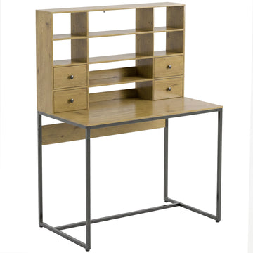 Bureau met 4 laden en planken | Kleur: Natuurlijke houtoptiek en zwart | Afmetingen: 105x60x142 cm