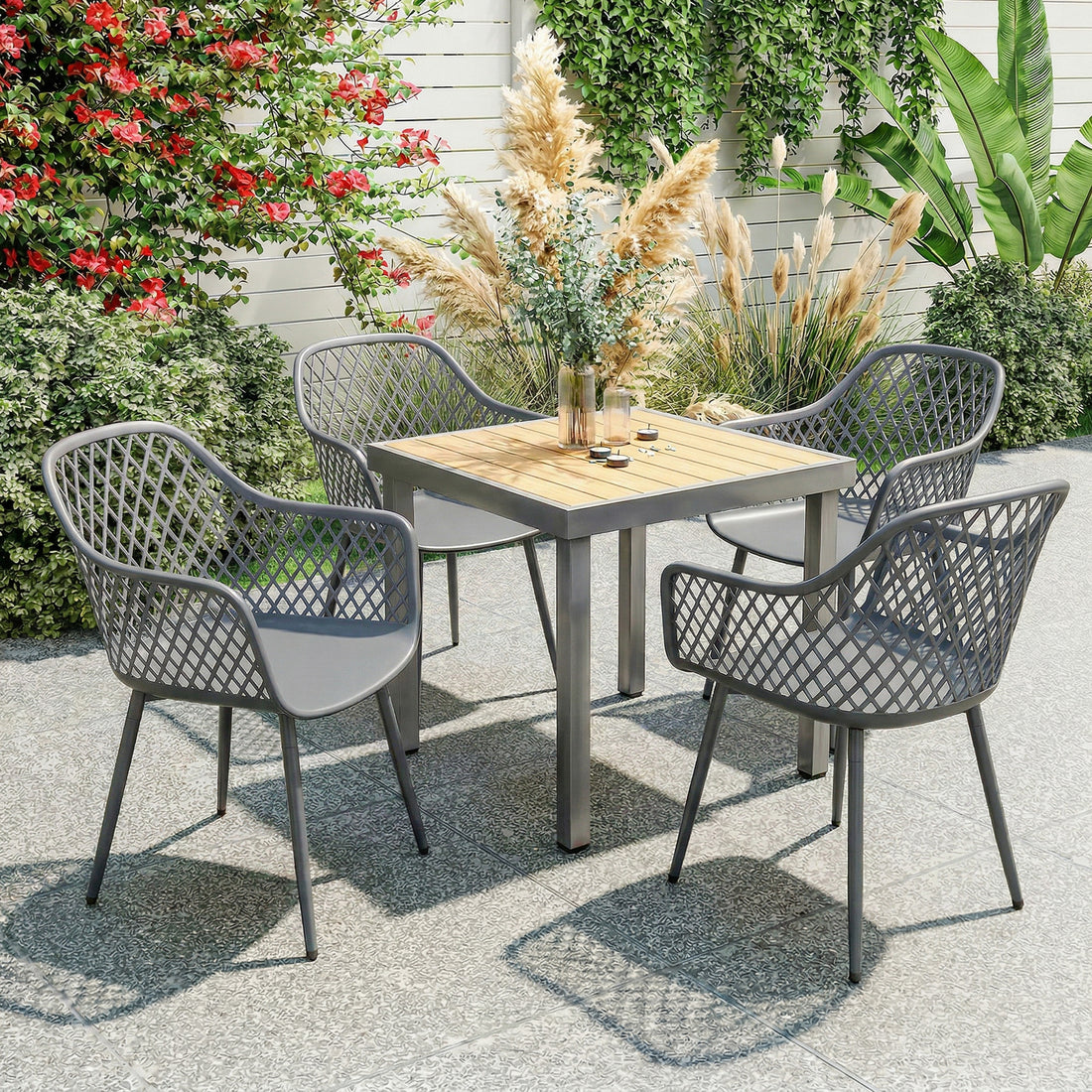 Gartenstühle 4er-Set mit Armlehnen | Farbe: Dunkelgrau | Abmessungen: 56x51x84 cm