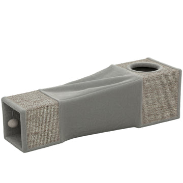 Kattentunnel met krabvlakken en 2 kattenhokken | Kleur: Bruin, Grijs | Afmetingen: 30x98x30 cm
