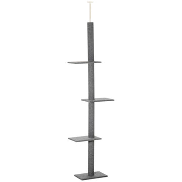 Kattenboom met krabpaal voor plafond - 4 platforms | Kleur: Grijs | Afmetingen: 27x43x228-260 cm
