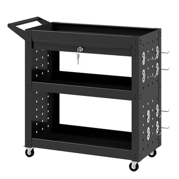 Werkplaatswagen met 3 niveaus, lade en slot | Kleur: Zwart | Afmetingen: 35x78x73 cm