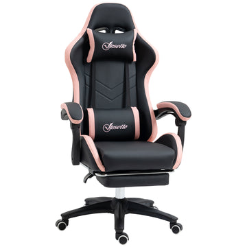 Gamingstoel met voetensteun | Kleur: Roze + Zwart | Afmetingen: 65x65x121-129 cm