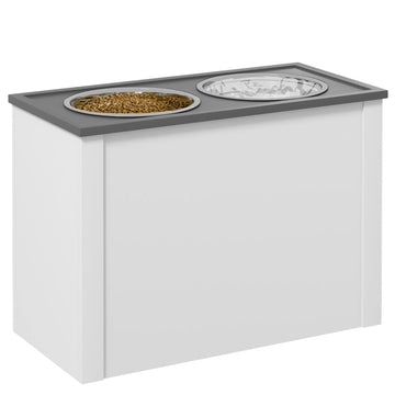Hondenvoerbak met opbergruimte en 2 RVS kommen | Kleur: Wit+Grijs | Afmetingen: 30x60x42 cm