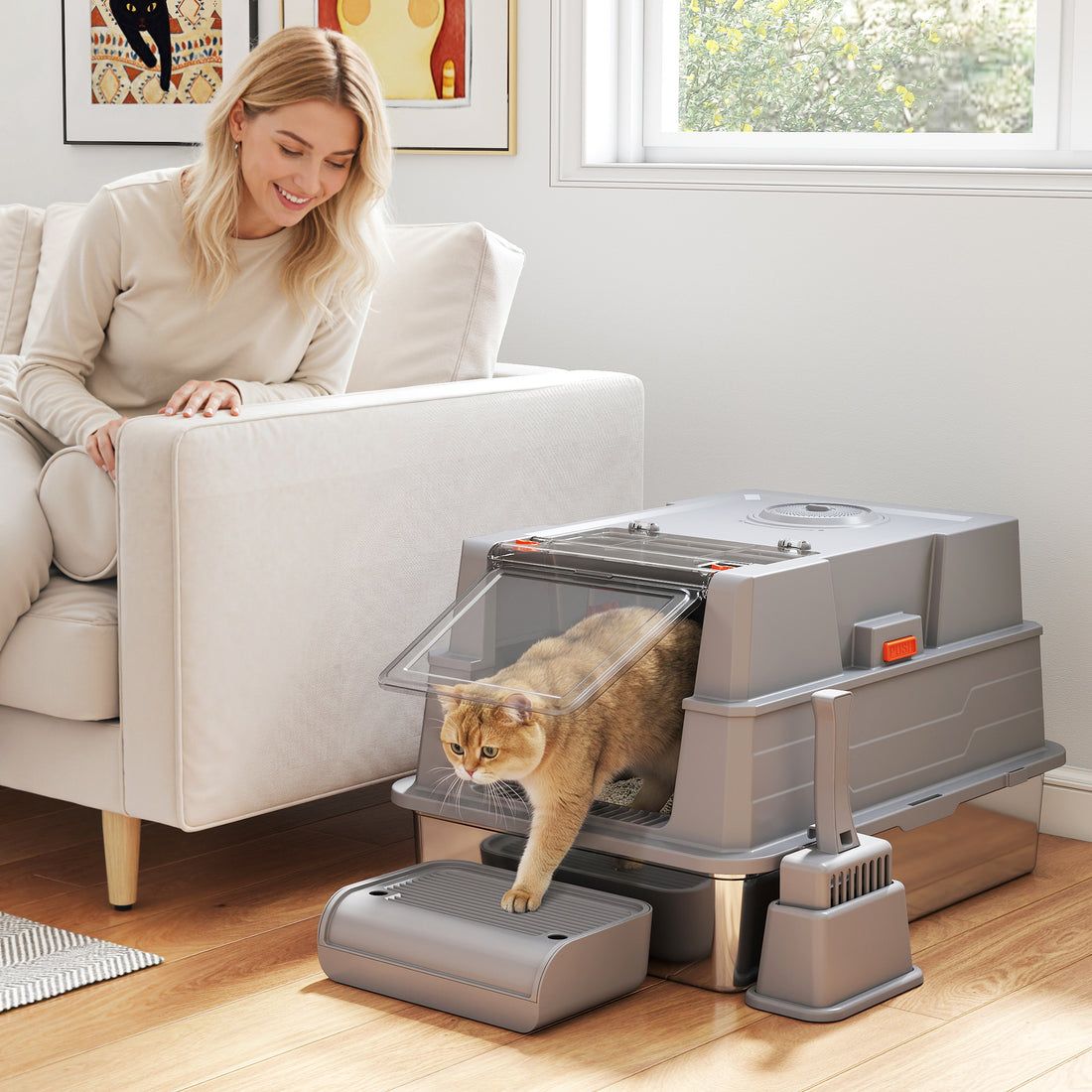 XXL RVS kattenbak 130 L met klepdeksel | Kleur: Grijs | Afmetingen: 50x70x43 cm