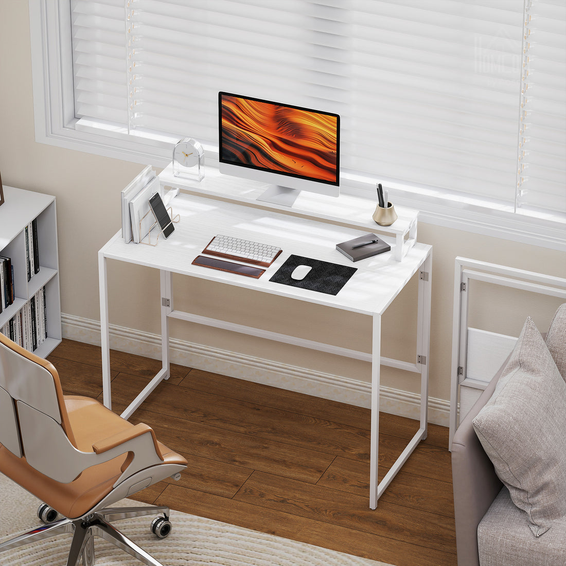 Klappbarer Schreibtisch mit Monitorständer | Farbe: Weiß | Abmessungen: 100x48x87,5 cm