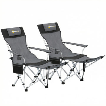 2 campingstoelen met voetsteun en bekerhouder | Kleur: Grijs | Afmetingen: 48x125x90 cm
