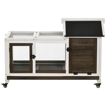 Konijnenhok met ren en wielen | Kleur: Bruin-wit | Afmetingen: 58x108x73.5 cm