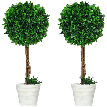 Set van 2 kunstbuxusbomen - Bolvormige buxus | Kleur: Groen | Afmetingen: 28x28x60 cm