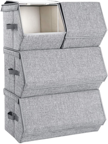 Opbergboxen set van 4, inklapbaar, stof, metalen frame, deksel, grijs