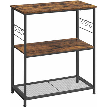 Keukenrek met 3 planken, 6 haken, hout en metaal, 80 x 40 x 90 cm