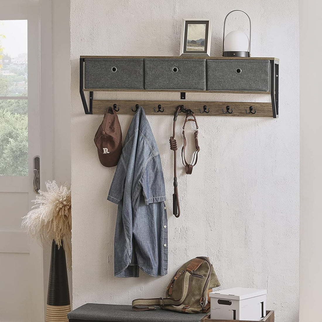 Wandkapstok Wand - Hal Wandplank - Opbergkast met 3 Manden 7 Haken - B100 x D20 x H30cm
