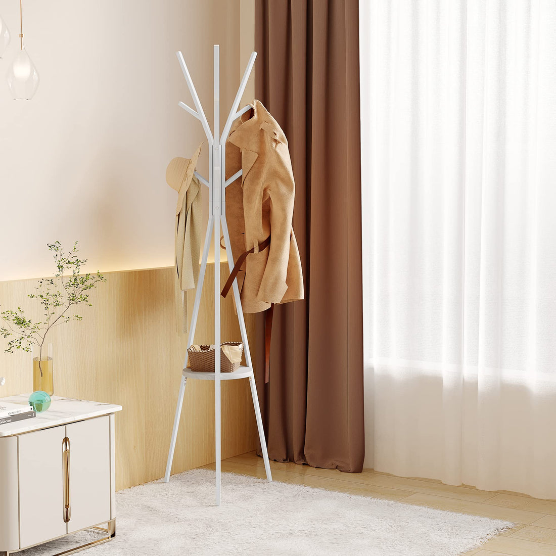 Garderobenständer Baumform mit 9 Haken und Regal | Weiß | 45,5x45,5x180 cm