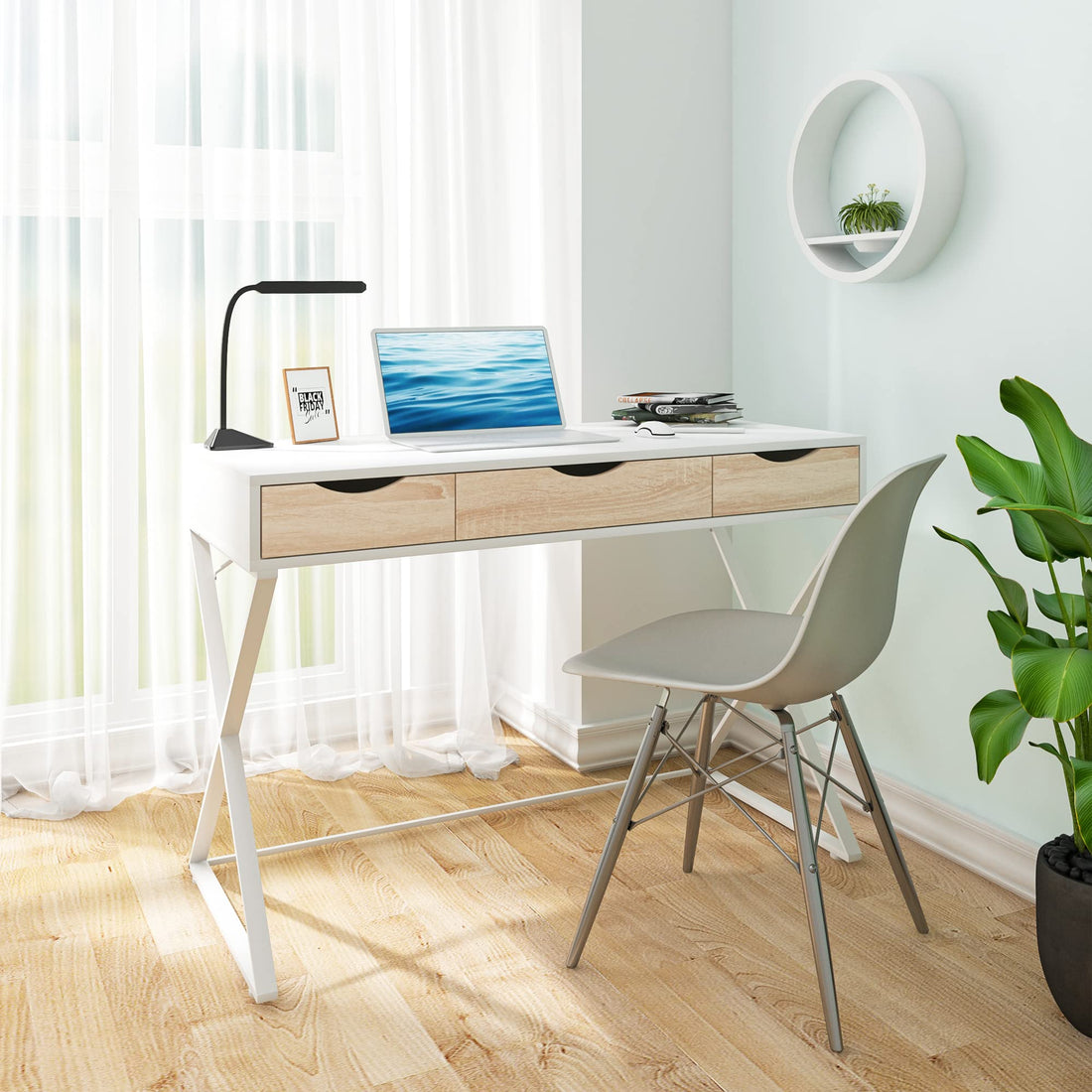 Schreibtisch mit 3 Schubladen aus MDF und Stahl | Weiß und Holzfarbe | 110x50x75 cm