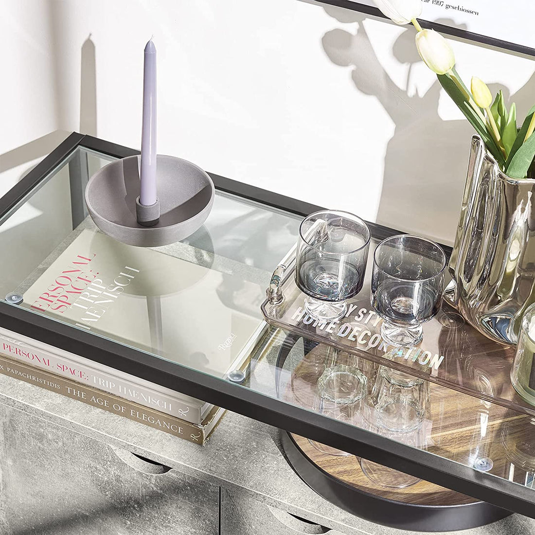 Dressoir met glazen blad en 2 deuren - Hal Console Tafel Keuken Eetkamer Woonkamer Opbergkast Kast Dressoir