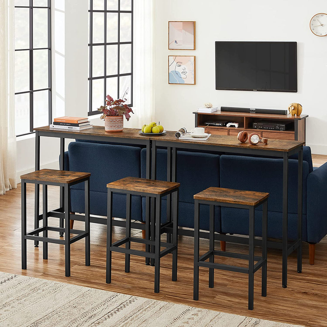 Barset mit Stehtisch und 2 Hockern - braun/schwarz - Holz und Metall