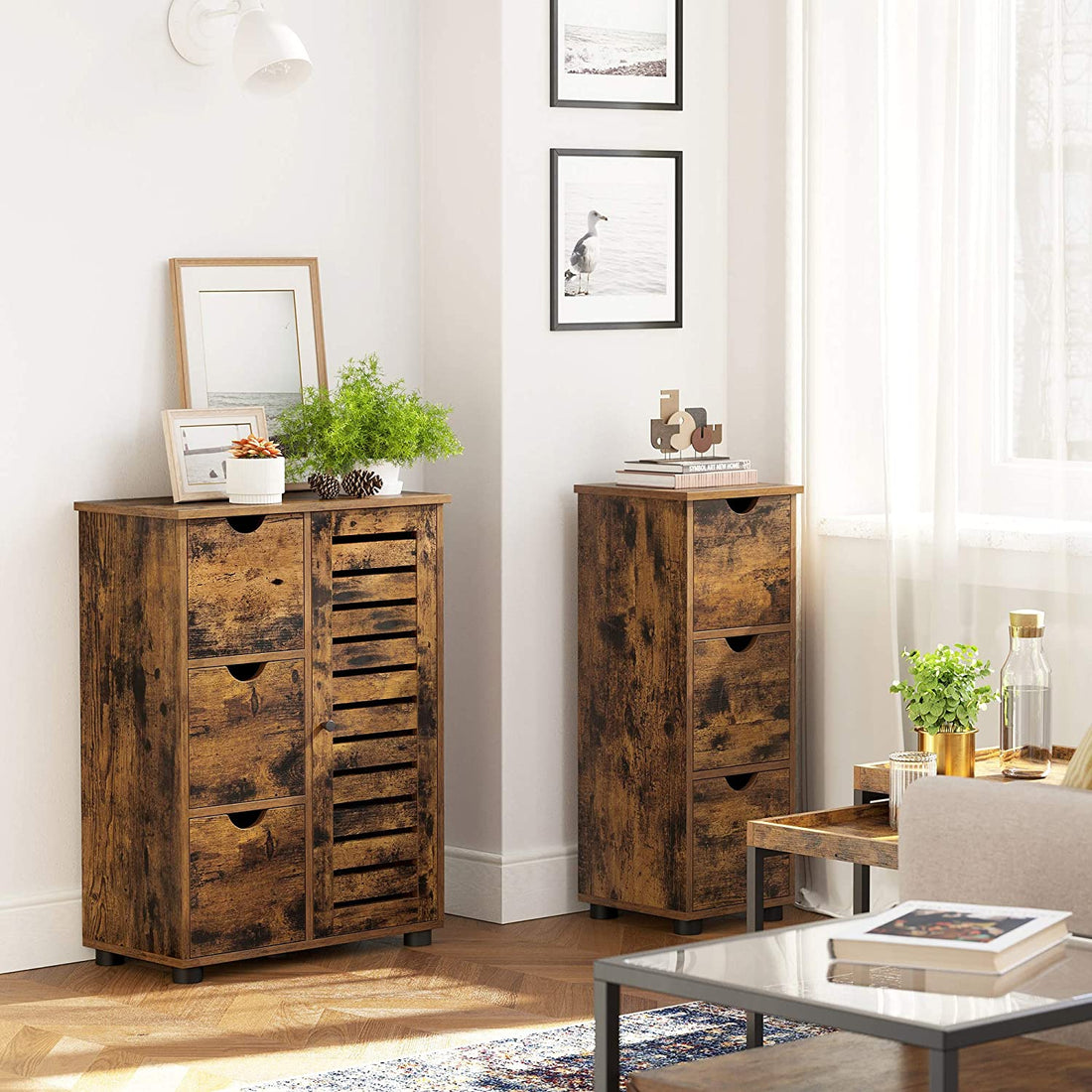 Sideboard mit 3 Schubladen und Tür, Industrial, Braun/Schwarz, 60 x 30 x 80 cm