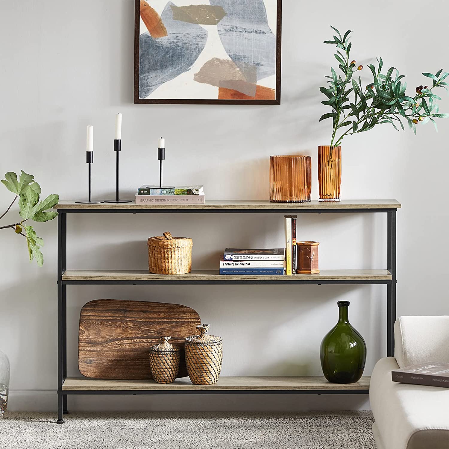 Consoletafel Haltafel Woonkamertafel Sofatafel Smalle bijzettafel Bijzettafel met 3 planken B120 x D20 x H77cm