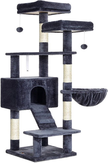 Kattenkrabpaal met hangmat, grot en pluche - 6 niveaus - rookgrijs - 50 x 45 x 142 cm