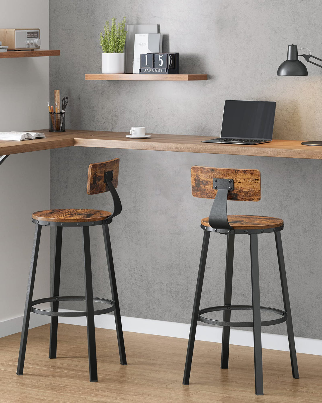 Barhocker für Küche - 2er Set - Industrielle Barhocker mit Rückenlehne