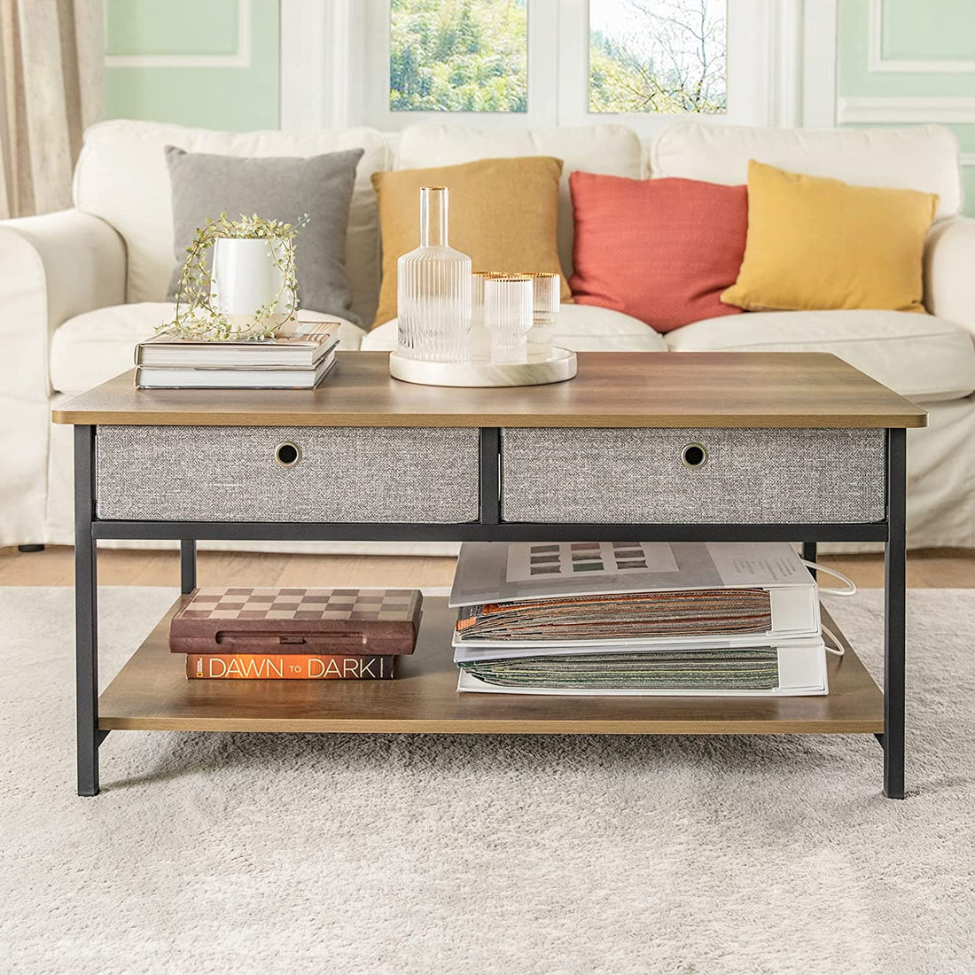Industriële Vintage Stijl Salontafel - Woonkamertafel - 2 Stoffen Laden - B100 x D60 x H46cm